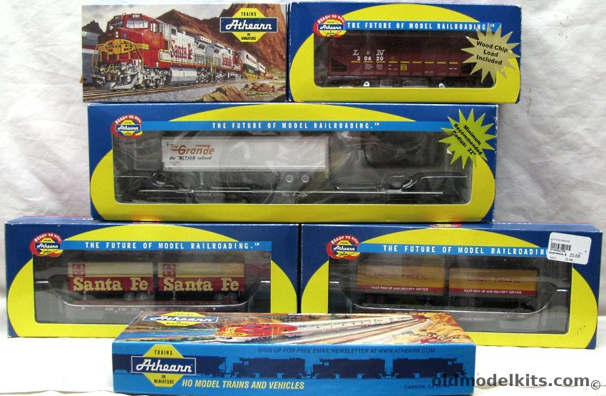 Athearn HO Athearn 95657 L&N 40' Wood Chip Hopper With Load / 74237 Rio Grande 85' Flat Car With 45' Trailer / 92359 UP 50' Flat Car with Two 25' Trailers / 92374 Sante Fe  50' Flat Car with Two 25' Trailers / 1649 D&RGW 50' Gondola (kit) / 5366 Wide Vision Caboose plastic model kit